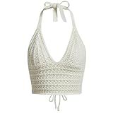 Naileksi Women Lace Up Backless Crochet Crop Halter Top Y2k Slim Fit Sleeveless V Neck Self Tie Back Knit Crop Cami Top Beige