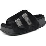 KuaiLu Womens Fuzzy Platform Open Toe Slippers with Arch Support Fluffy Furry Slides Orthotic Faux Fur Sandals adjustable house Slippers Indoor Outdoor Black Size 10