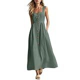 Carydety Women's Linen Sleeveless Maxi Dress Square Neck Boho Long Dress Spaghetti Strap Beach Vacation Sundress with Pockets