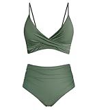 Amy Babe Women's High Waisted Bikini Sets Push Up Twist Front Spaghetti Straps Ruched Two Piece Swimsuit Bathing Suit Olive (Large)