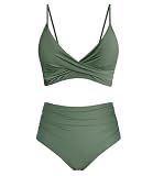 Amy Babe Women's High Waisted Bikini Sets Push Up Twist Front Spaghetti Straps Ruched Two Piece Swimsuit Bathing Suit Olive (Large)
