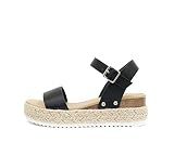 Soda CLIP ~ Women Open Toe Ankle Strap Platform Espadrille Sandal (Black, 6)