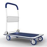 Heavy Duty Foldable Push Cart Dolly | 330 lbs. Capacity | Upgraded Collapsible Hand Truck Folding Platform with Swivel Wheels | Flat Bed Moving Wagon | Space Saving Push Handle (Blue)