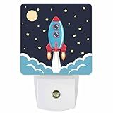 T&H XHome Plug-in LED Night Light Lamp Sensor-Outer Space Space Exploration Rocket Spaceship Printed,Automatic Dimmable Dusk-to-Dawn Square Shaped Smart Night Lights for Nursery/Bathroom/Bedroom