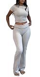 ZFLM Casual Workout Two Piece Outfits for Women Short Sleeve Crop High Waist Foldover Flare Pants Tracksuit Sets Streetwear