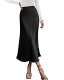 BTFBM 2026 Summer Womens Skirts Silk Elegant High Waist Flowy Long Satin A-Line Midi Skirt Cocktail Wedding Party(Black, Large)