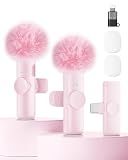 Wireless Microphone for iPhone iPad and Android Phone, 2 Pack Wireless Lavalier Lapel Mic with Noise Reduction, Plug and Play Mini Microphone for Video Recording Interview YouTube TikTok Vlog (Pink)