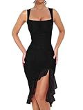 BORIFLORS Women's Sexy Ruched Bodycon Midi Dresses Square Neck Sleeveless Ruffle Hem Club Party Tank Dress, X-Small, Black