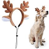 Beviliu Dog Reindeer Antlers Headband, Brown Dog Christmas Antlers Costume for Medium Large Dogs Fluffy Elastic Pet Costume, Adjustable Deer Antlers for Dogs & Cats Halloween Party Birthday