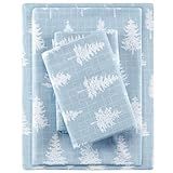 True North by Sleep Philosophy Cozy Flannel Warm 100% Cotton Sheet - Novelty Print Animals Stars Cute Ultra Soft Cold Weather Bedding Set, Full, Blue Forest 4 Piece
