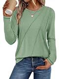 ATHMILE Womens Long Sleeve Shirts Pleated Crew Neck Casual Tops Light Green