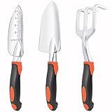Garden Tools Set, 3 Pack Heavy Duty Gardening Tools Set Include Garden Shovel, Transplant Trowel and Hand Rake with Ergonomic Handle, Aluminum Alloy Lawn for Planting, Orange