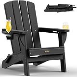 SUUNYN Folding Adirondack Chair, HDPE All-Weather Fire Pit Chairs, Plastic Adirondack Chairs with 2 Cup Holder, Outdoor Lawn Chair for Patio Garden (Black)