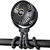 Portable Stroller Mini Fan, Small Rechargeable Personal Fan, Baby Travel Essentials for Wagon, Car Seat, Treadmill, Battery Powered Biking Gear Accessories, 360° Rotation, 3-Speed, Display, Black