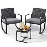 Qsun 3 Pieces Patio Furniture Set Rocking Bistro Set Outdoor Rattan Conversation with Coffee Table for Garden Balcony Backyard Poolside (Grey Cushion)