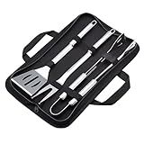 Amazon Basics 4-Piece Stainless Steel BBQ Grilling Tool Set with Carry Bag, Rust-Resistant, Dishwasher Safe