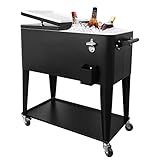 Nattork Portable Rolling Cooler Cart 80 Quart Ice Chest Cart Black Trolley Rolling Cooler with Wheels, Outdoor Beverage Ice Chest for Patio with Shelf, Water Pipe and Bottle Opener