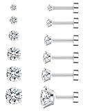 6 Pairs Hypoallergenic Cubic Zirconia Earrings Surgical Steel Flat Back Studs for Cartilage, Screw Back Fashion Jewelry