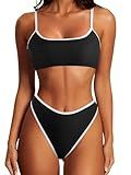 SUUKSESS Women High Waisted Two Piece Bikini Sets Cheeky High Cut Bandeau Swimsuits Push Up Bathing Suit(Black and White,M)