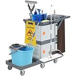 Janitorial Cart with 2 Cabinet, Commercial Traditional Janitorial 3-Shelf Cleaning Cart on Wheels with Cover and Vinyl Bag, Hotel Cart Housekeeping Room Service Cart Utility Cart Custodial Cart, Gray