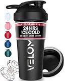 VELOMIX 24oz Stainless Steel Shaker Bottle with Wire Whisk, Black