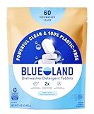 BLUELAND 100% Plastic-Free Dishwasher Detergent Tablets, 60 Count, Free & Clear, Eco-Friendly Dishwashing Pods, Natural, USDA Certified biobased