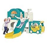 NYEEKOY 9-in-1 Toddler Slide, Bus-Themed Baby Slide and Climber Playset with Basketball Hoop, Ring-Toss, Car Playhouse, Kids Indoor and Outdoor Playground