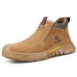 GLANOUDUN Welding Work Boots for Men Slip on Steel Toe Shoes for Men Indestructible Men's Steel Toe Boots Comfortable Safety Work Shoes Construction Welder Safety Footwear Brown