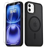 LATVIN for iPhone 12 Case & iPhone 12 Pro Case, Magnetic Phone Cover with 1 Screen Protector, Compatible with MagSafe, Military Grade Protection, Translucent Matte Frosted Back, Black