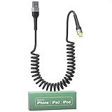 Coiled iPhone Lightning Cable for Apple CarPlay, Coiled USB to Lightning Cable with MFi, Coiled Lightning Cable with Data Transmission & Yellow LED, Retractable iPhone Charger Cord for iPhone/Pad/Pod