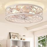 LEDIARY Caged Ceiling Fans with Lights, White Flush Mount Ceiling Fan with Remote, Small Low Profile Bladeless Ceiling Fan Light Fixture for Bedroom, Kitchen, Dining Room-White Gold Color