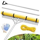 Floating Lake Rake, 36" Aluminum All Purpose Lake and Landscape Rake with 102'' Extension Handle and 52Ft Rope, Weed & Algae Removal, Yellow