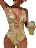 QGIUG Women's Sexy High Cut Cheeky One Piece Swimsuits Gold