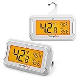TempPro Refrigerator Thermometer 2 Pack with Large Backlit LCD Display, Waterproof Freezer Fridge Thermometer with Max/Min Record, Easy Battery Replacement for Room, Cooler (Previously ThermoPro)