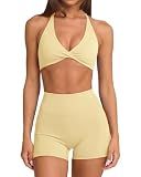 SUUKSESS Women Padded 2 Piece Workout Sets Twist V Neck Sports Bra Hidden Scrunch Biker Shorts (Yellow, M)