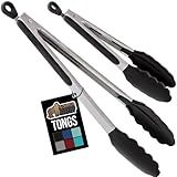 GORILLA GRIP Stainless Steel Heat Resistant Kitchen Tongs for Cooking, 9 + 12 Inch, Set of 2 BBQ Tong, Non Scratch Silicone Tip for Pan, Strong Grip, Grab Food, Toss Salad, Air Fryer, Pull Lock, Black