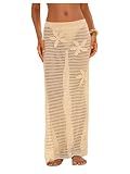 MakeMeChic Women's Crochet Cover Up Long Skirt 3D Floral Split Hollow Out Beach Summer Swimwear Beige Small