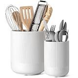 LE TAUCI Utensil Holder for Kitchen Counter, 7.3"+5.4" Fluted Ceramic Utensil Crock Organizer for Countertop, Heavy Large Holder for Spatulas, Spoons, Set of 2, White, Kitchen Counter Decor