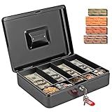 Cash Box with Money Tray and Lock, FiiMan Metal Locking Cash/Money Saving Organizer Box with Key and 100PCS Coin Wrappers Assorted, XL Large (Black)