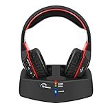 WallarGe Wireless Headphones for TV Watching with RF Transmitter Charging Dock, Plug and Play, 100 Ft Wireless Range, Rechargeable 20 Hour Battery (Black with Red)