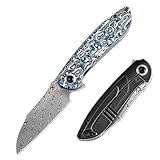 KANSEPT Prometheus Pocket Folding Knives for Men EDC Camping Folding Knife 3.29'' Damascus Material Pocket Folding Knife Liner Lock with Blue Whire Nebula Carbon Fiber Handle Everyday Carry K1040A3