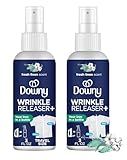 Downy Wrinkle Releaser Spray All In One Wrinkle Release Spray Travel Size, Odor Eliminator, Static Remover Fabric Refresher & Ironing Aid for Clothes 3 Fl Oz (Pack of 2), Crisp Linen Scent