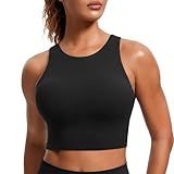 CRZ YOGA Butterluxe Racerback Longline Sports Bras for Women - High Neck Padded Crop Workout Tank Top with Built in Pads Black Medium