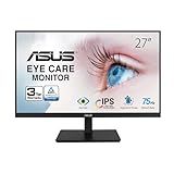ASUS VA27DQSB 27” Monitor, 1080P Full HD, 75Hz, IPS, Adaptive-Sync, Eye Care, HDMI DisplayPort VGA USB Hub, Frameless, Ergonomic Design, VESA Wall Mountable,Black