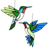 2 Packs Hummingbird Stained Glass Window Hanging Suncatchers - 6 Inch Handmade Real Glass with Copper Foil Edges, Bird Safe Gifts for Women Mom Grandma Bird Lovers(Suction Hooks Included)