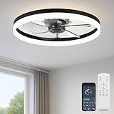 Fszdorj 20'' Ceiling Fan with Light, Upgraded Low Profile Fan, Flush Mount Ceiling Fan, 6 Speeds, Dimmable LED, App & Remote Control, Quiet DC Motor, for Bedroom, Living Room, F115 Black
