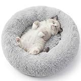 WROS Calming Dog Bed, 20" x 20" x 6" Fits Cat & Dog, Anti-Slip Round Washable Faux Fur for Doze Off, Napping Orthopedic, Grey