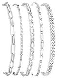 Gokeey Ankle Bracelets for Women Waterproof, 14k Gold Plated Jewelry Set Layered Cuban Figaro Link Chain Anklets Set Gold Anklets Summer Boho Beach Jewelry Gift Adjustable Size, 5pc silver gold anklets