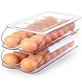 RoskDeewat Egg Holder for Fridge, Automatic Rolling Egg Container for Refrigerator, Stackable Fridge Organizers and Storage with Lid, Clear Plastic Egg Dispenser & Tray (2 Tier)
