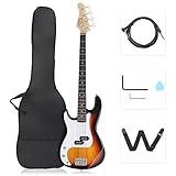 GLARRY Left Hand Full Size Electric Bass Guitar for Beginner 4 String with Cable, Strap, Bag and Accessories (Sunset)